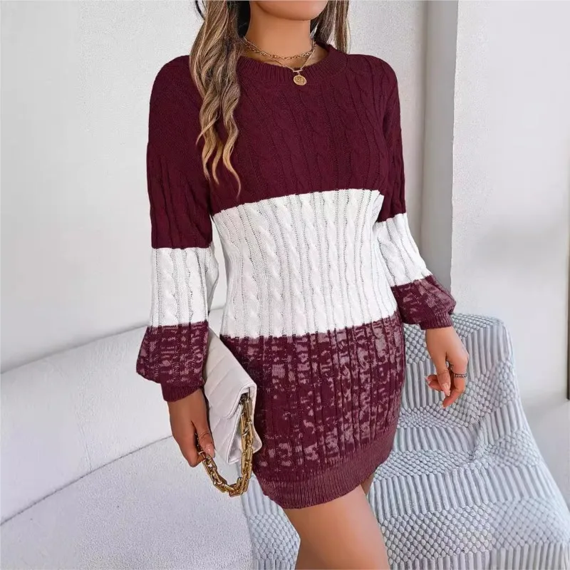 Women\'s Knitted Sweater Dress New Color Blocked Autumn And Winter Elegant Square Collar Button Long Sleeve Sweater Bag Hip Skirt