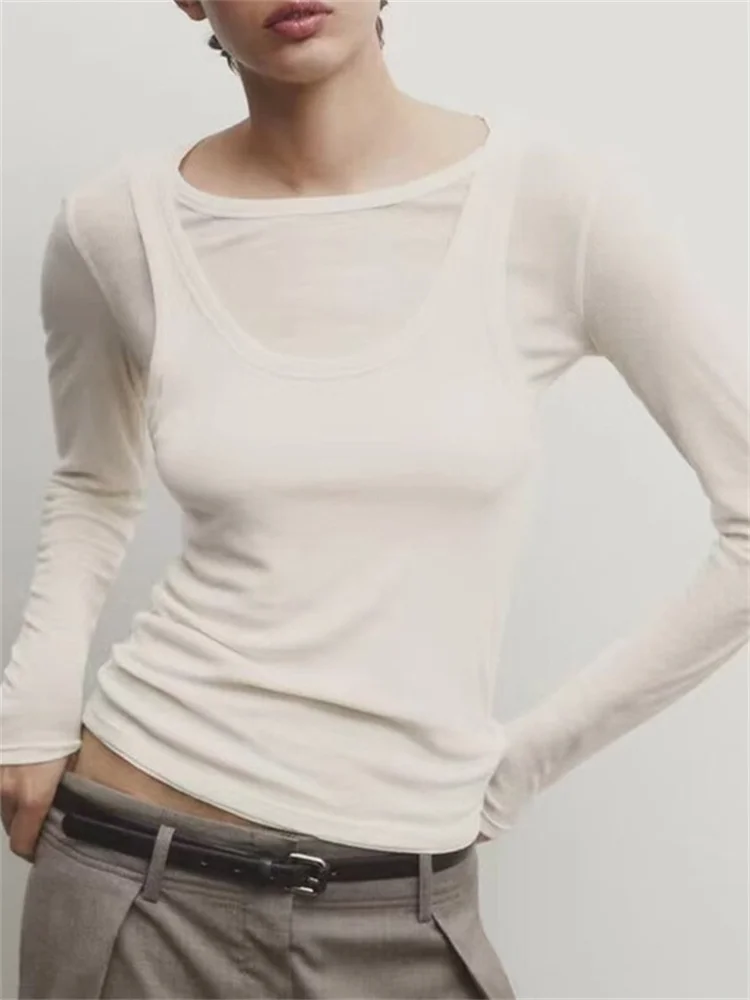 Fashion Ribbed Long-sleeved t-shirt for Women Fake Two Piece Set Round Neck Tee Tops