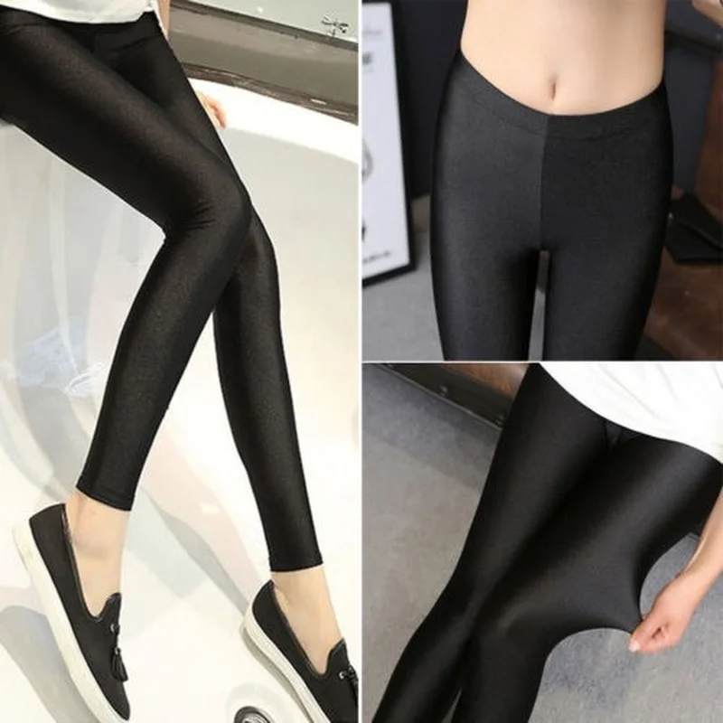 Women Fashion Casual Skinny Pants Shiny Leather Front and Back V-waist Leggings Leather Trousers Leggings Women Pants Women