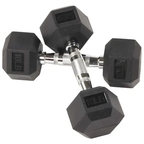 10lb Pair Black Rubber Hex Dumbbells, Non-Roll Weights for Home Gym Strength Training, Fitness & Workout Equipment