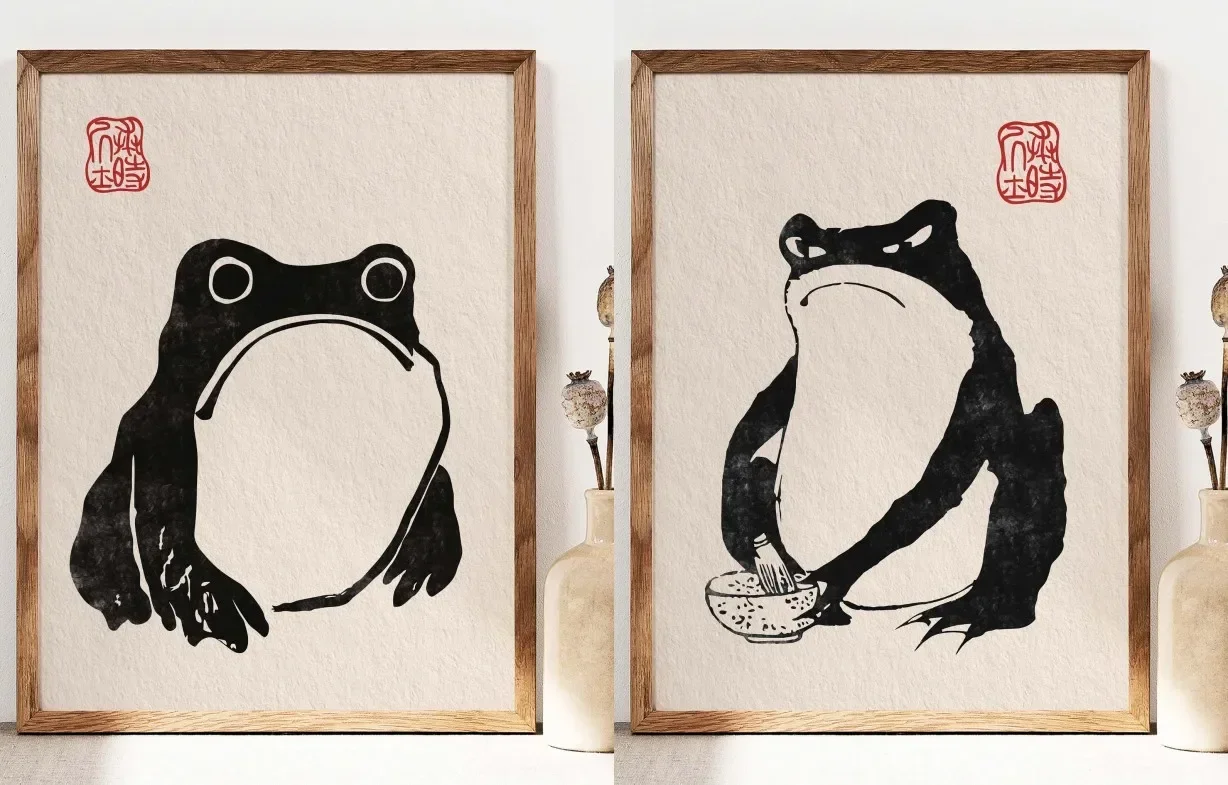 Classic Vintage Animal Wall Art Japanese Black and White Funny Frog HD Canvas Print Poster Home Living Room Bedroom Decoration