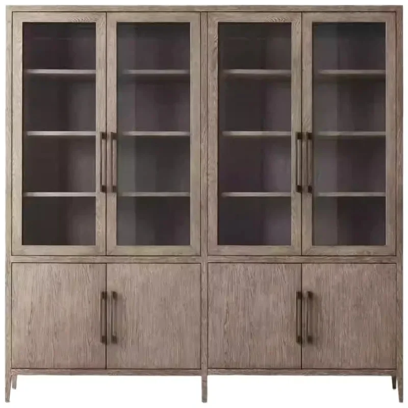 

American light luxury modern glass four-door side cabinet oak display cabinet floor-to-ceiling against the wall