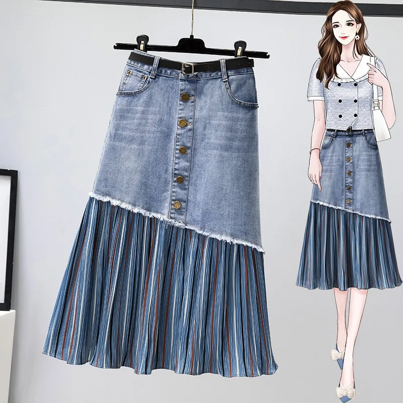 High Waist Slim Women Denim Skirts 2025 New Spring Summer A-line Splicing Long Female Pleated Jean Skirt M-3XL