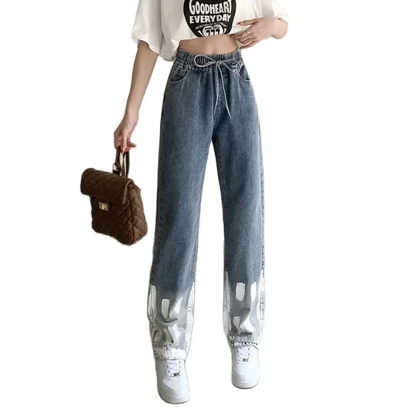 Harajuku Streetwear Retro Fashion Autumn Women High Waist Jeans Loose Wide Leg Straight Loose Denim Trousers Y2K Baggy Pants