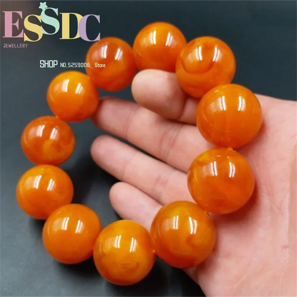 20mm Yellow Beeswax Old Honey Wax Amber Bracelet Round /Barrel Bead Row for Men Hand Bangle Suitable for 15-25cm Free