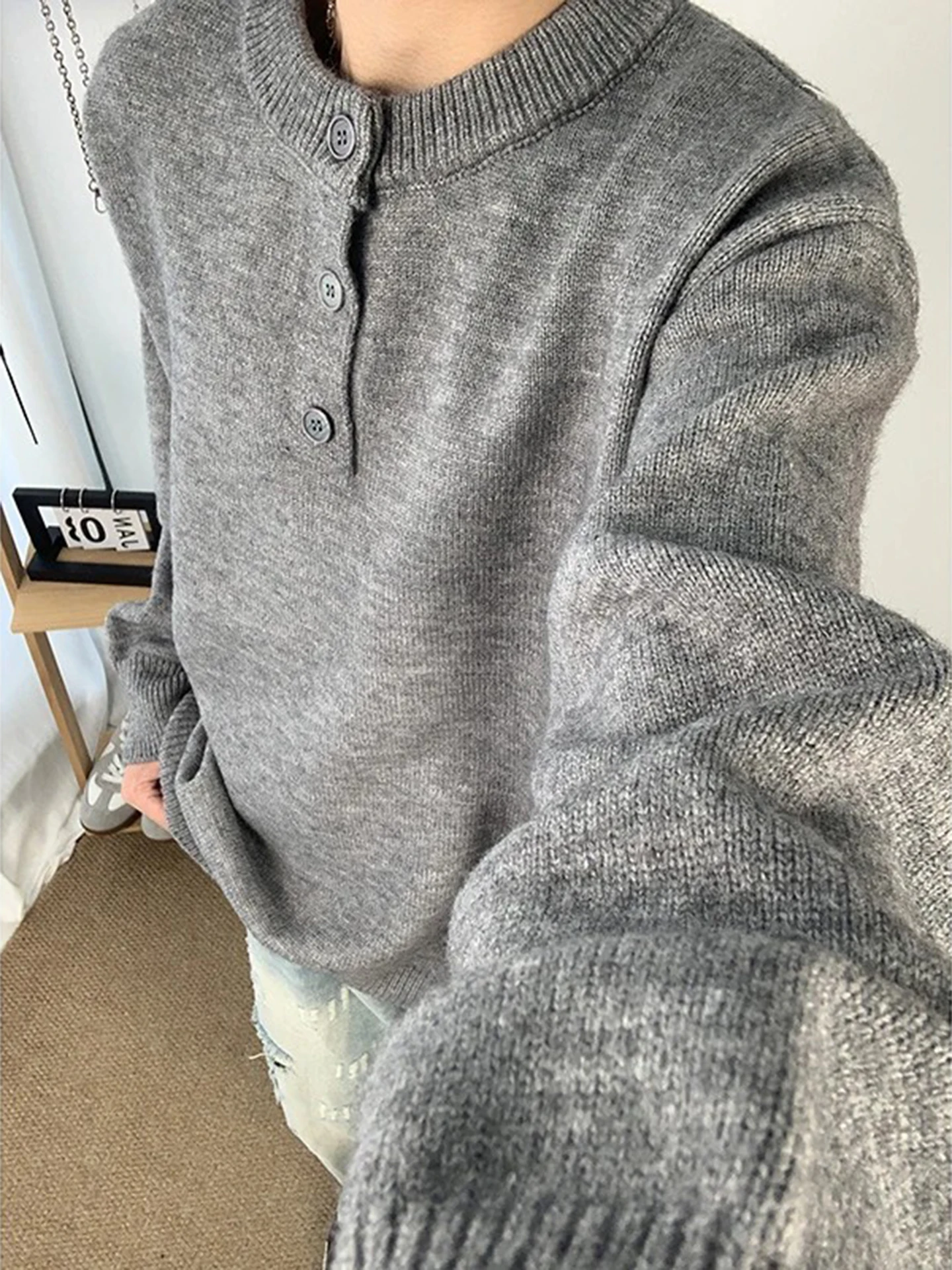 

Мужской вязаный свитер Light ey Henry Collar, осенний, повседневный, свободного кроя, винтажный, в американском стиле, трикотажная одежда