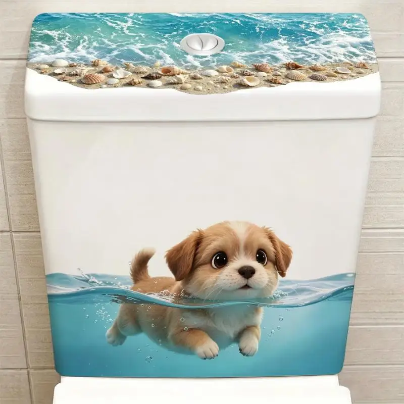Cute Swimming Puppy Toilet Sticker Waterproof Self-Adhesive Removable Bathroom Wall Decal for Home Restroom Decor Cute Swimming