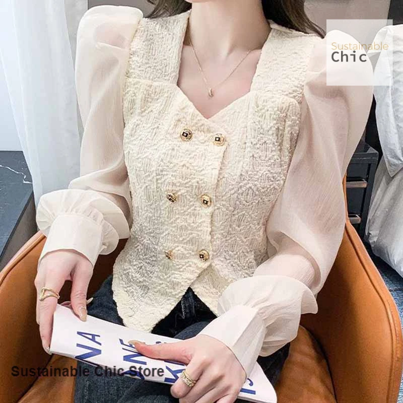 

French double-breasted square collar bubble long-sleeved shirt women's spring and autumn temperament new waist slim blouse