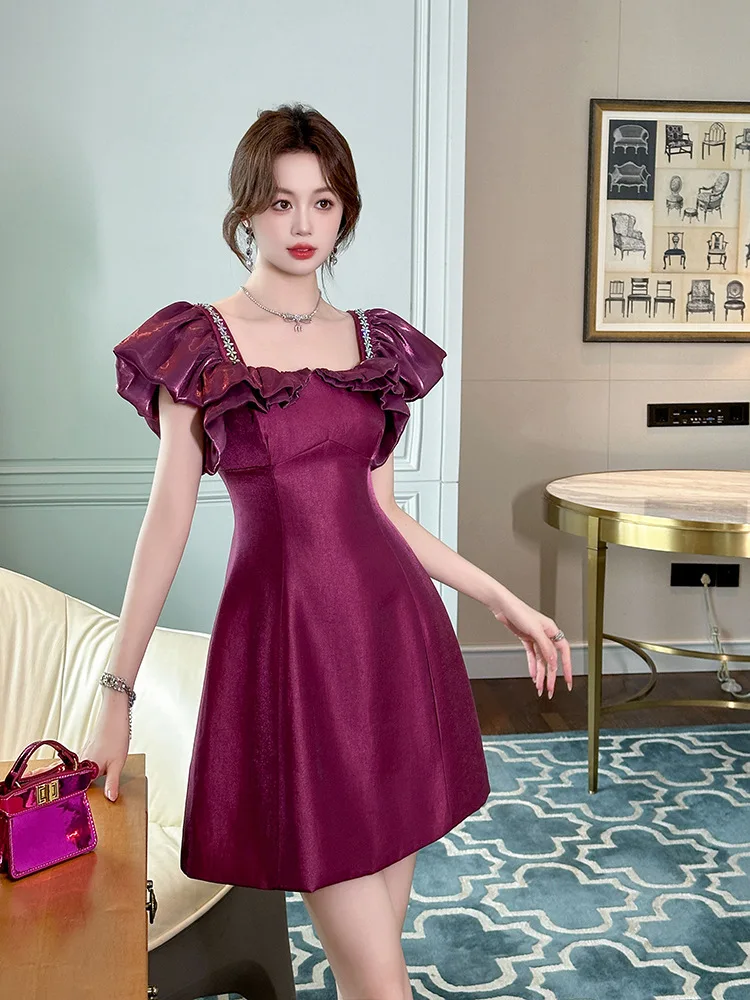 

Dress Women Summer New French Style Solid Short Sleeve Puff Sleeve Zipper High Waist Square Collar Lavender Dresses