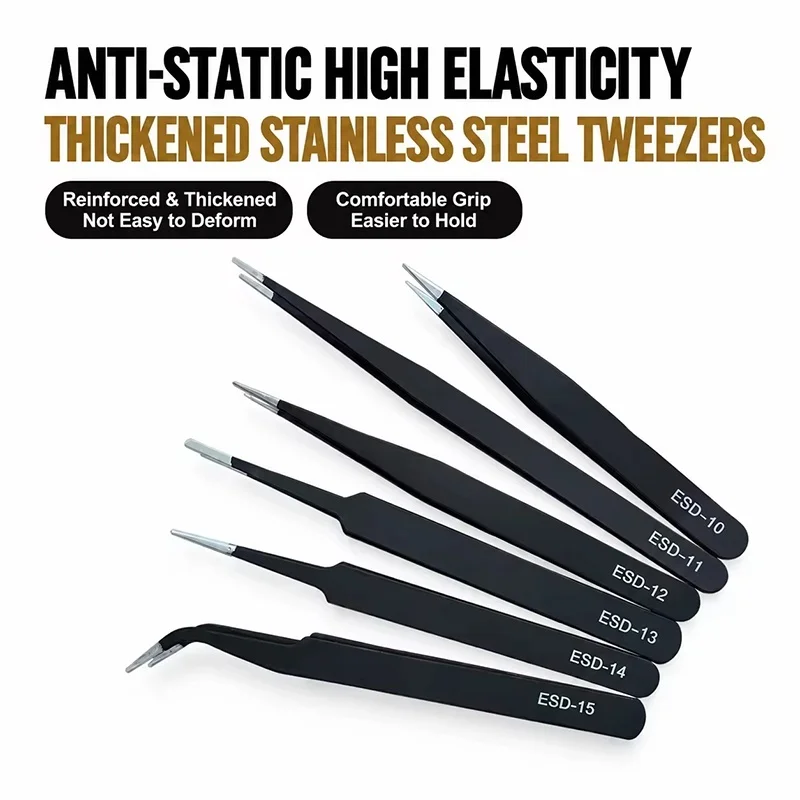 6pcs Anti-Static Stainless Steel Tweezers Precision Maintenance Industrial Repair Curved Working Model Making Hand Tweezers Tool
