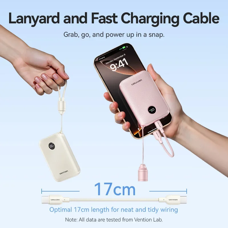 Vention Power Bank 10000 мАч 22,5 Вт PD Power Charging со встроенным кабелем USB Type-C для iPhone/Huawei, сверхпортативное зарядное устройство