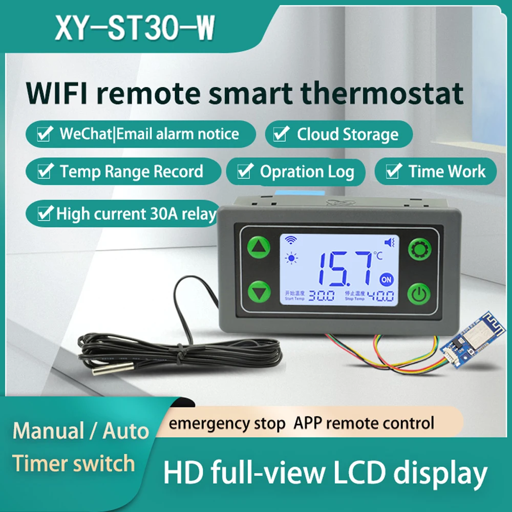 

WIFI Remote Temperature Digital Thermostat K-type Thermocouple Temperature Controller -40~110°C with High Low Temperature Alarm