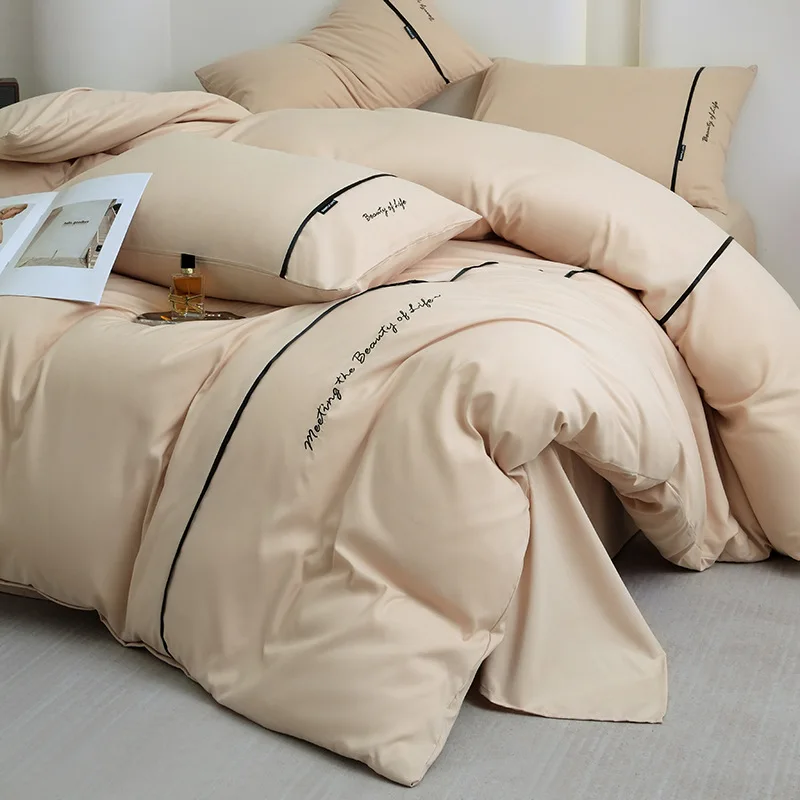 new solid color embroidered ribbon double-spell skin-friendly washed cotton 4-piece set bed sheet and fitted sheet style
