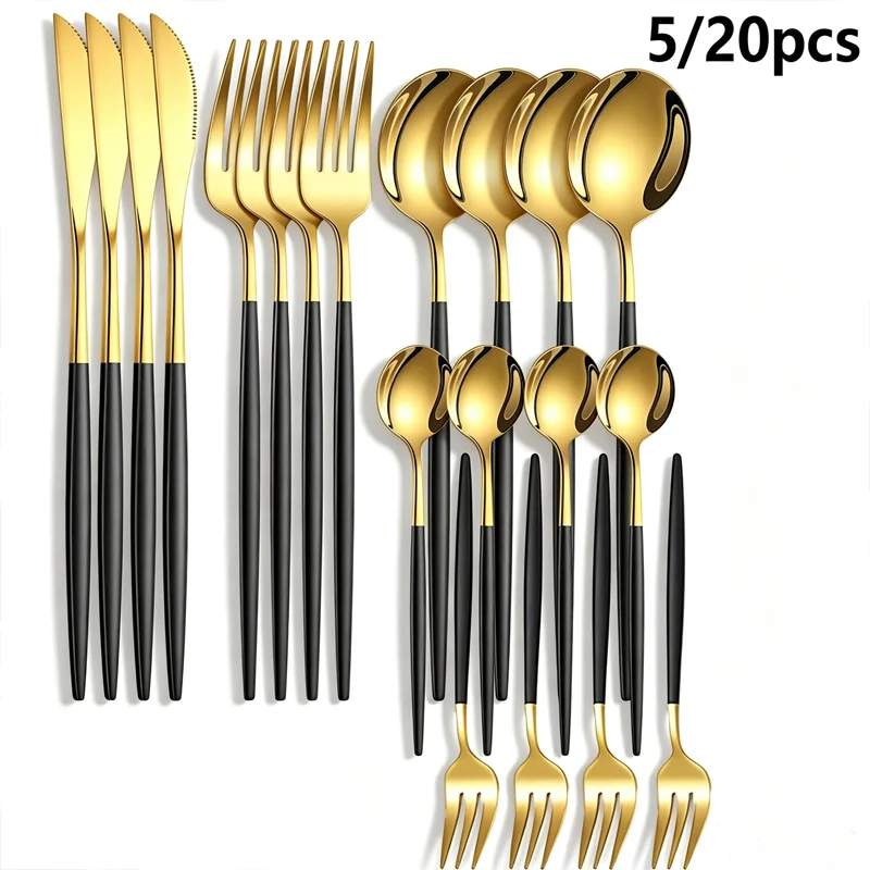 5/20 Piece Stainless Steel Cutlery Set, Suitable for 6 People, Elegant Mirror Polished, including Steak Knife, Fork, Spoon, Tea