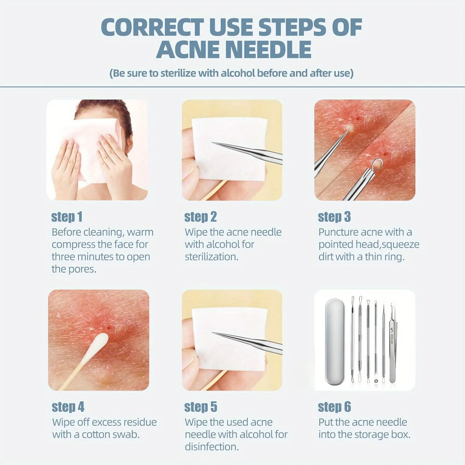 Ferramenta de remoção de cravo extrator de acne kit de limpeza de acne, adequado para manchas, bursts de buraco branco, ferramentas de nariz e rosto caixa de ferro