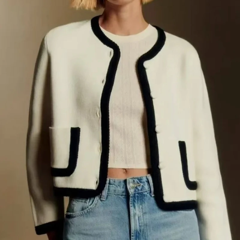 

Wool Blend Women's Knit Cardigan Round Neck Contrast Trim Woven Edge Sweater Coat Fall Winter New