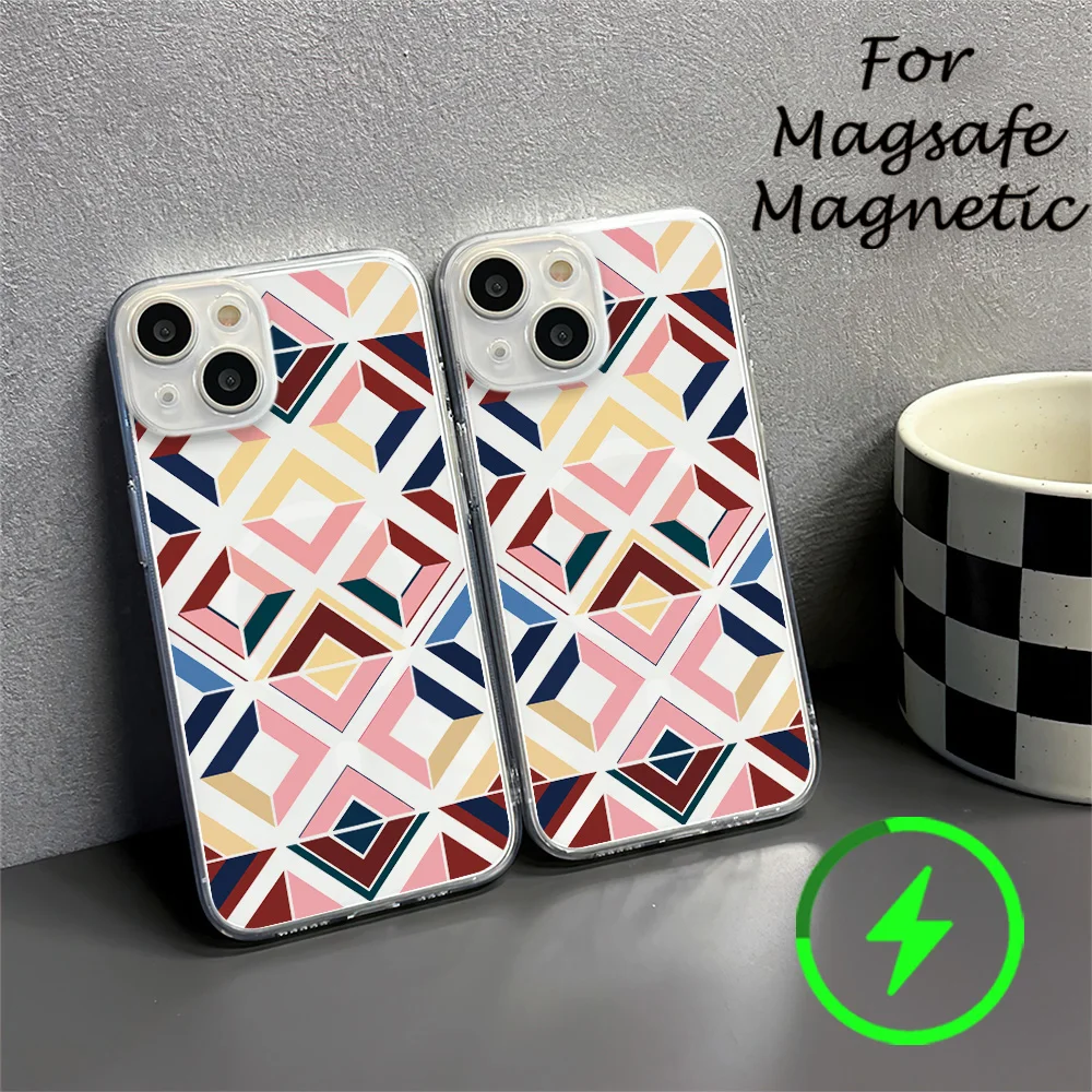 High sense personality rhombus Phone Case For IPhone 15 14 13 12 11 Transparent Magnetic Suction Cover