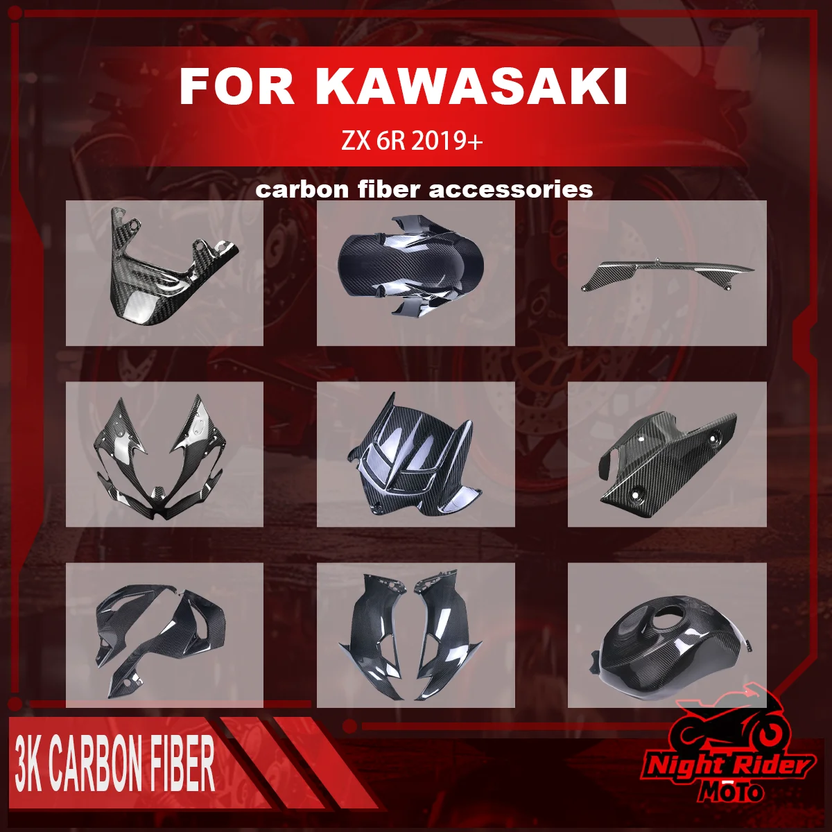 

For Kawasaki Ninja Zx6r 2019+ Motorcycle Carbon Fiber Front Fender Exhaust Pipe Cover Fuel Tank Cover Motorcycle Accessories