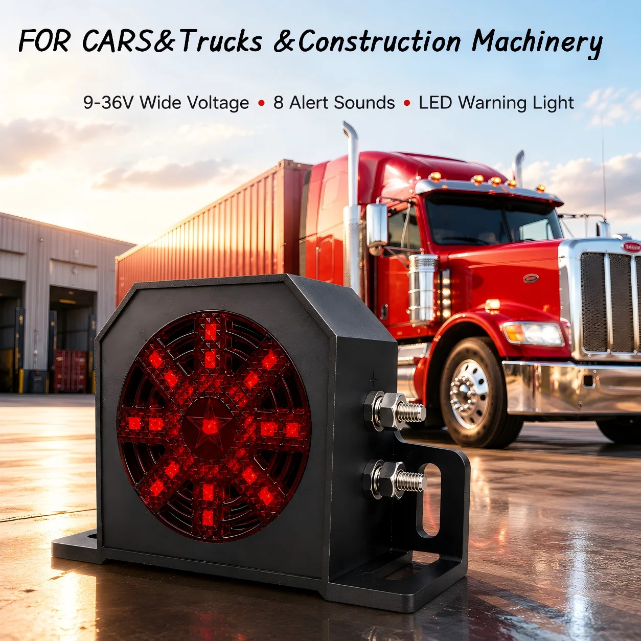 9V-36V wide-range automotive speaker, vehicle reverse alarm speaker, 8 sound effects with LED lights, suitable for cars, trucks,