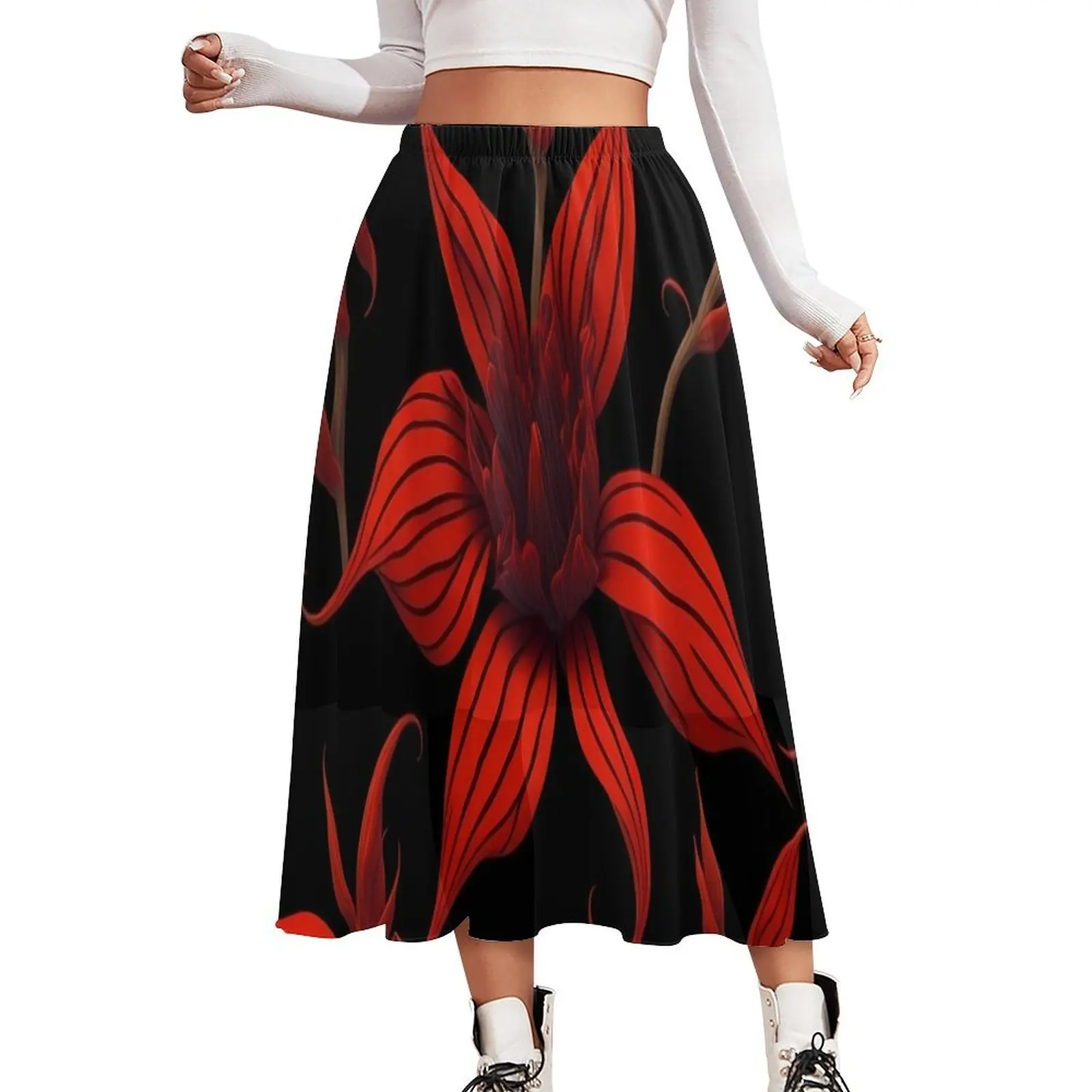 Tiger Lily Floral Chiffon Skirt Red Flower Aesthetic Long Skirts Women Beach A-line Skirt Custom Clothes Gift Idea