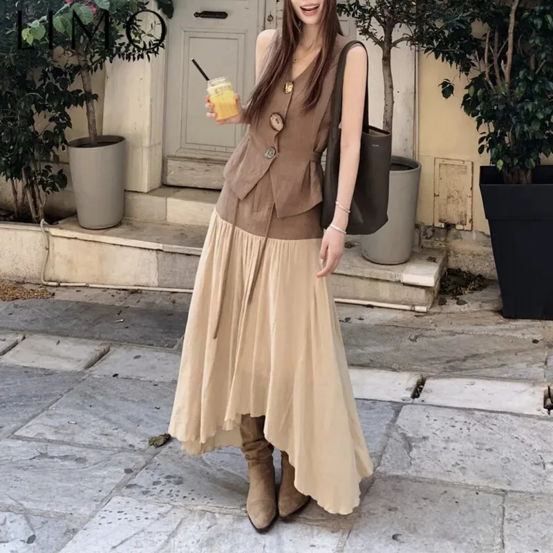 

LIMO Linen Dress Set 2025 Color Block Vest & Patchwork Skirt Artistic Retro Elegant High-Quality Spring Summer Women Outfit