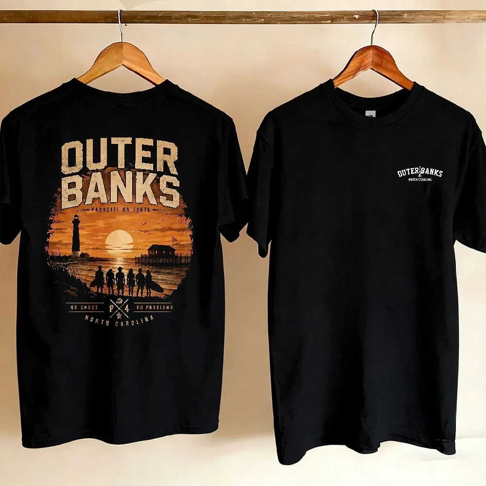 Outer Banks Inspired Graphic T Shirt Vintage Sunset Lighthouse Silhouette Crew Neck Black Tops Unisex TV Show Fan Casual  Tees