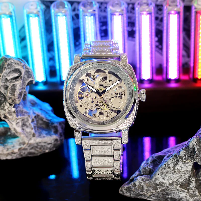 

Мужские элегантные повседневные механические часы со скелетонизированным турбийоном и серебряным стальным ремешком