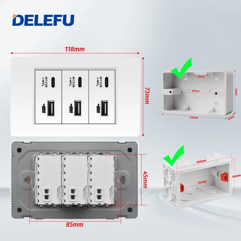 DELEFU 4*2 PC Flame Retardant Panel 20w Fast Charging port Triple USB Type C Wall Plug 118*74mm 2.1A 5V Outlet