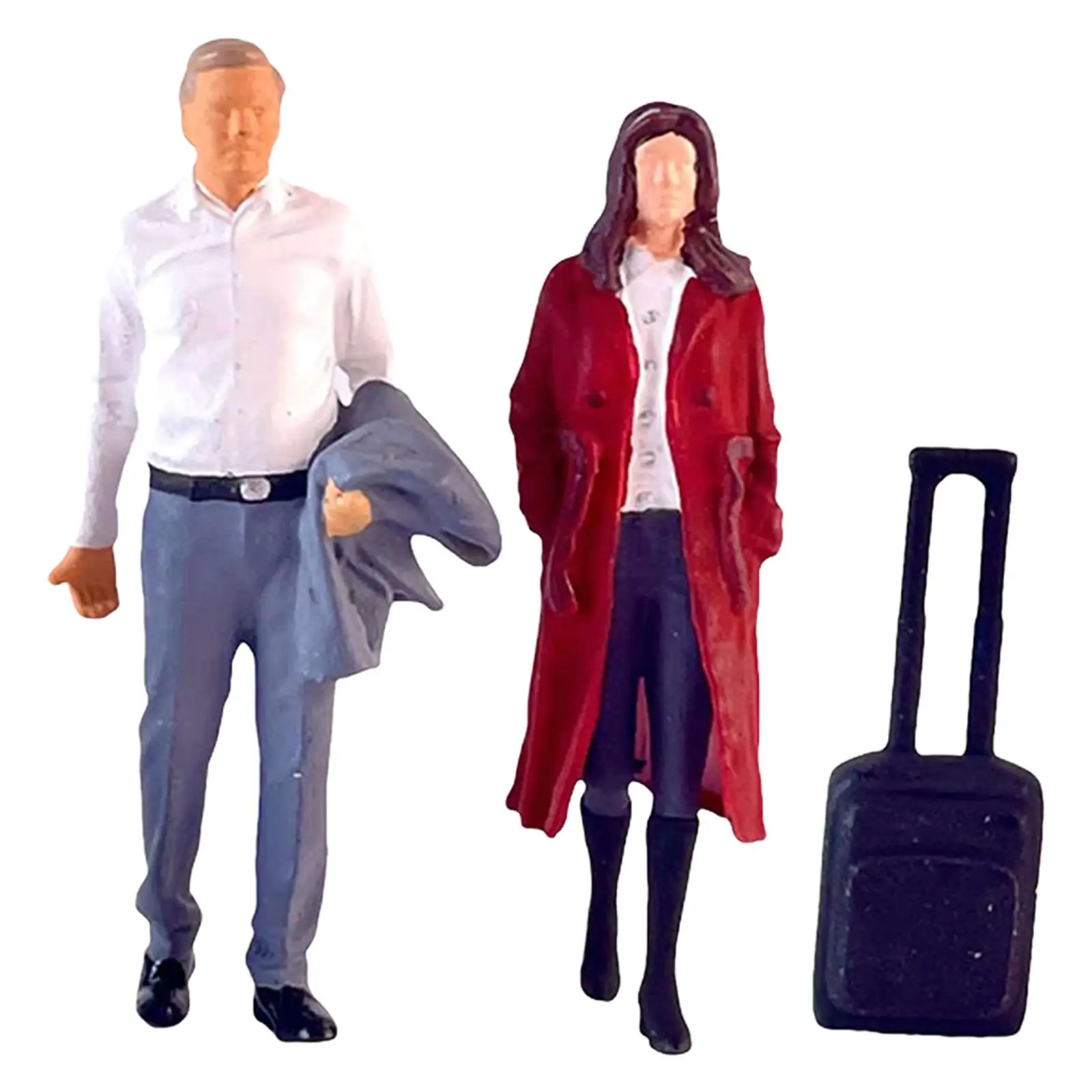 2 Pieces 1:64 Scale Women and Men Figures with Suitcase Model Layout Movie Props Fairy Garden S Gauge Resin Figurines Decoration