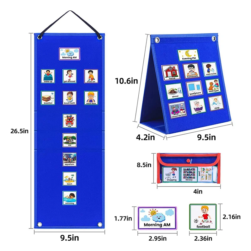Well Made-Visual Schedule For Kids Daily Routine Chart With 70 Cards Blue Felt Autism Learning Behavioral Tool For School
