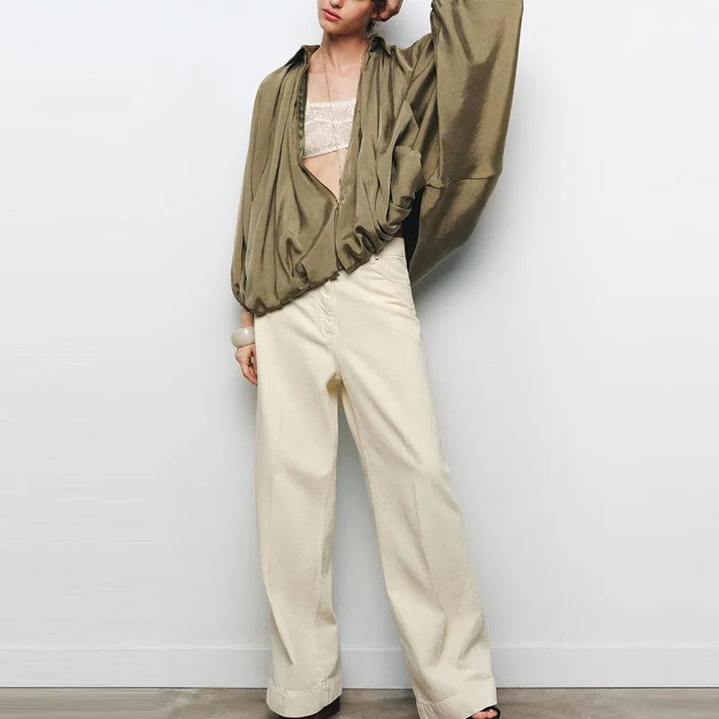 Z 2025 Lente Faionable Veelzijdige Piloten Puffy Jaet Dames Bovenkleding Lang Sve Gestreept Polyester Casual irt