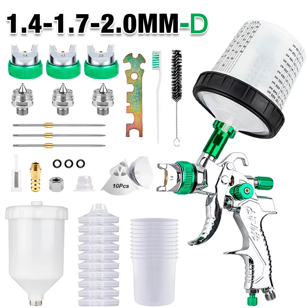 1,4 mm 1,7 mm 2,0 mm professioneel HVLP-spuitpistool huishoudelijk automatisch verfspuitpistool, 600 ml niet-schone wegwerpmaatbekers 10 stuks, hoogwaardig luchtgereedschap (potdeksel met verffilter)