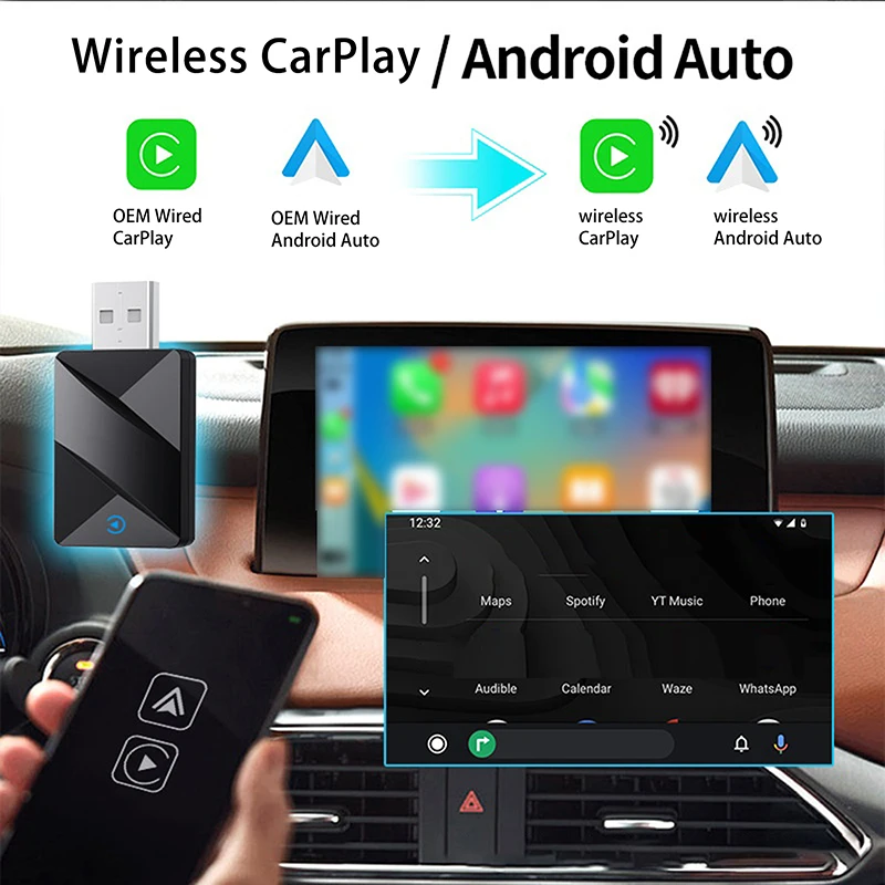 محول صندوق CarPlay AI 2 في 1 للاستخدام السلكي واللاسلكي في 99% من أجهزة الراديو التلقائية OEM.