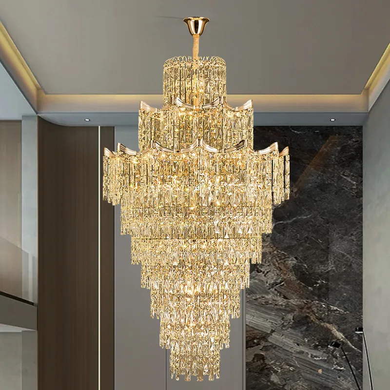 European Style Large Crystal Chandelier for Villa Living Room Duplex Building Luxury Hotel Lobby Long Pendant Lighting Fixture