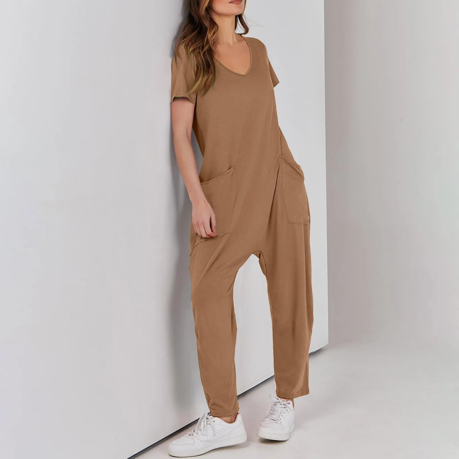 Ladies Pocket Onesie Suspender Pants Trousers Casual Female Women Short Sleeve One-Piece Rompers Overalls Jumpsuits Streetwear