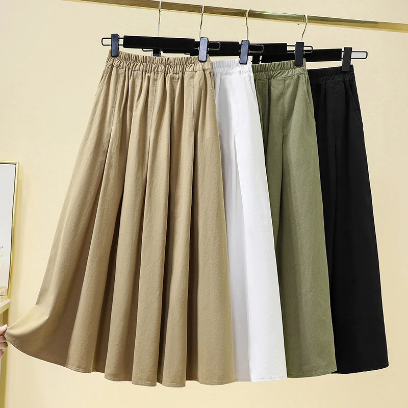 

Slimming Pleated Half-length Skirt Elastic Waist Pure Color Artistic Wide Hem Umbrella Skirt Retro Style Commute Style Cotton...
