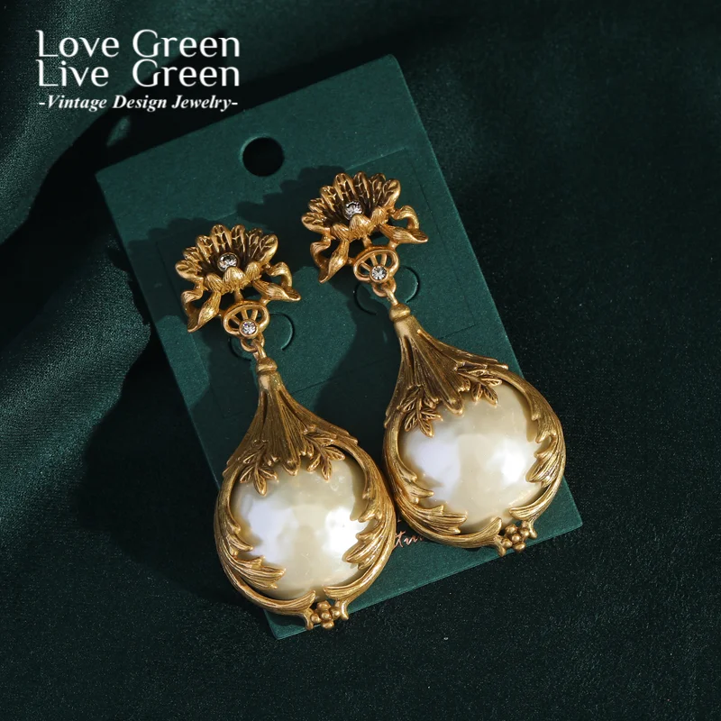 

Baroque Style Dangle Gold Color Rose Flower Pearl Earrings Drop Retro Outfits Water Pendant Vintage Fashion Jewelry For Women