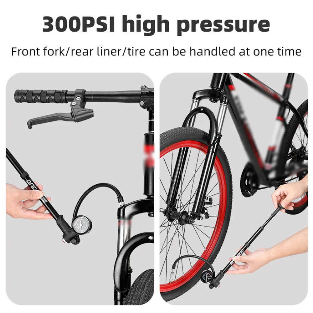 300PSI Bicycle Air Pump High Pressure MTB Bike Shock Pump with Schrader Presta Valve Gauge for Front Fork Rear Suspension