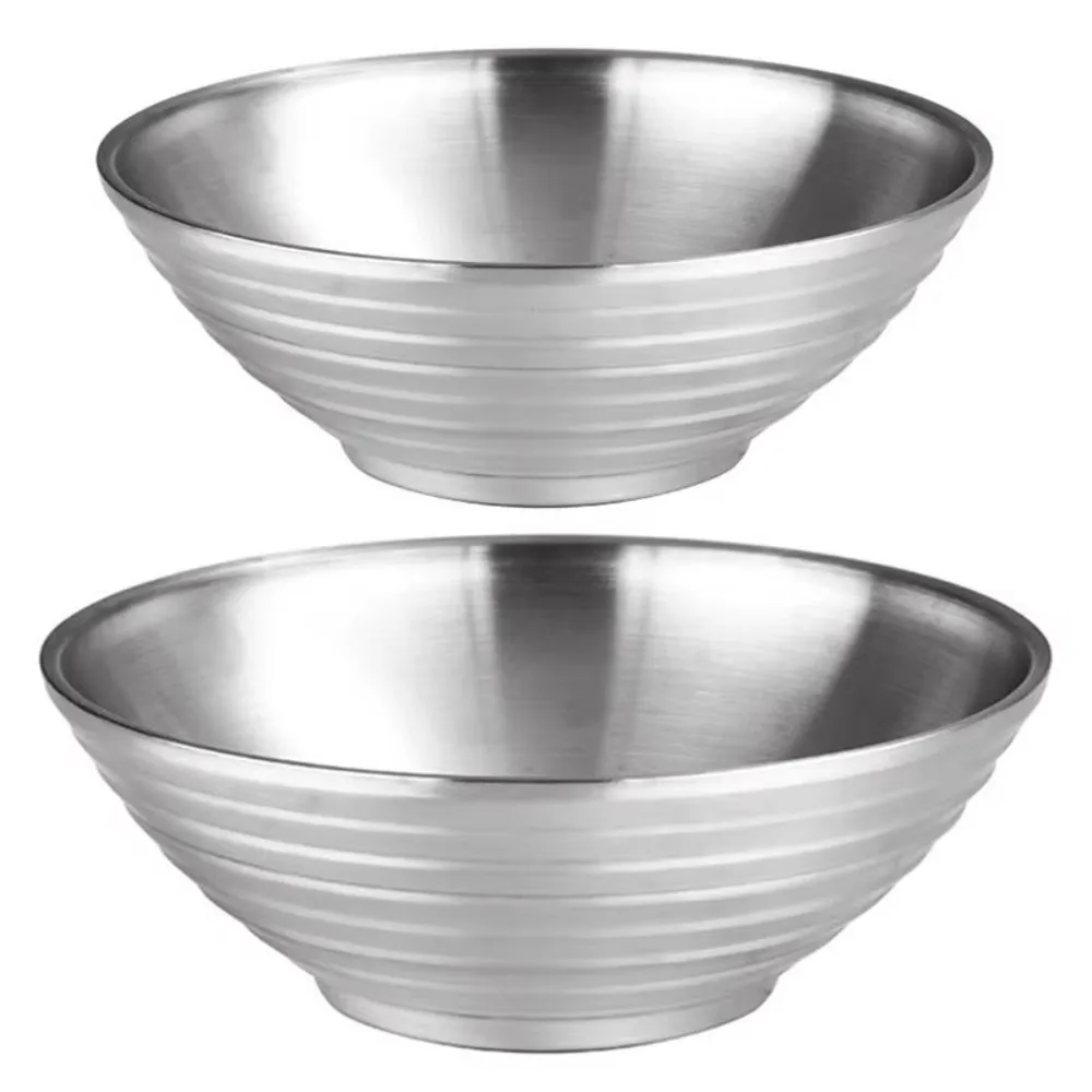 304 Stainless Steel Ramen Bowl Large Double Layer Rice Salad Bowl Threaded Kitchen Tableware Cold Noodle Soup Bowl