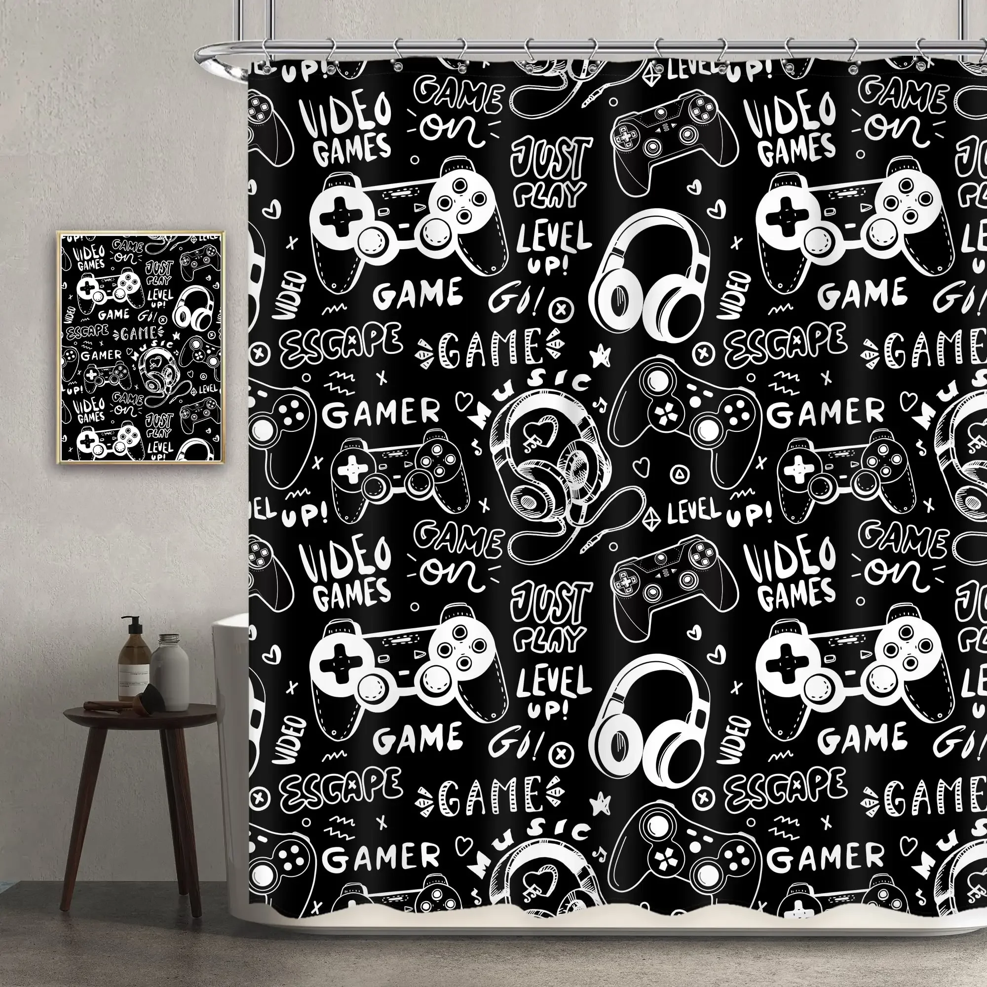 Gamer Modern Gamepad Printed Shower Curtain Kids Teen Boys Gaming Shower Curtain Bathroom Waterproof Fabric Screen with Hooks