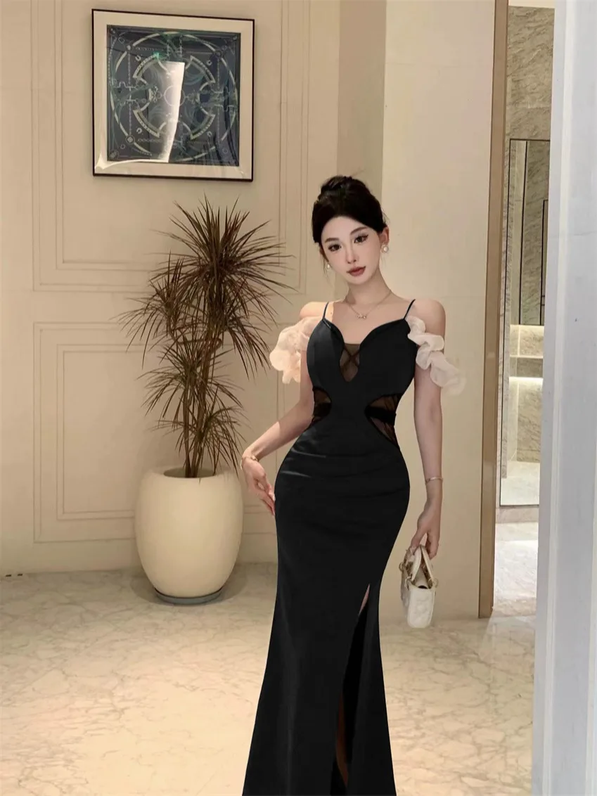 مثير عميق الخامس Ne الخصر حزام فقاعة Sve طويل عالية الشق الدكتور ثوب مسائي الملابس النسائية الصيف العصرية