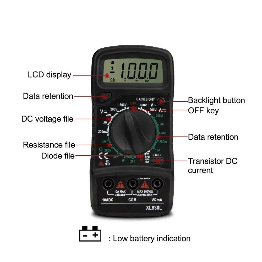 XL830L Handheld Digital Multimeter LCD Backlight Portable AC/DC Ammeter Voltmeter Ohm Voltage Tester Meter  Buzzer instrument