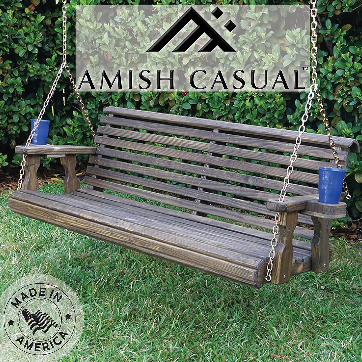 Amish Casual 4 Foot Roll Back Porch Swing Cup Holders Dark Walnut Stain Amish Made in The USA From Treated Pine 700 Lb.