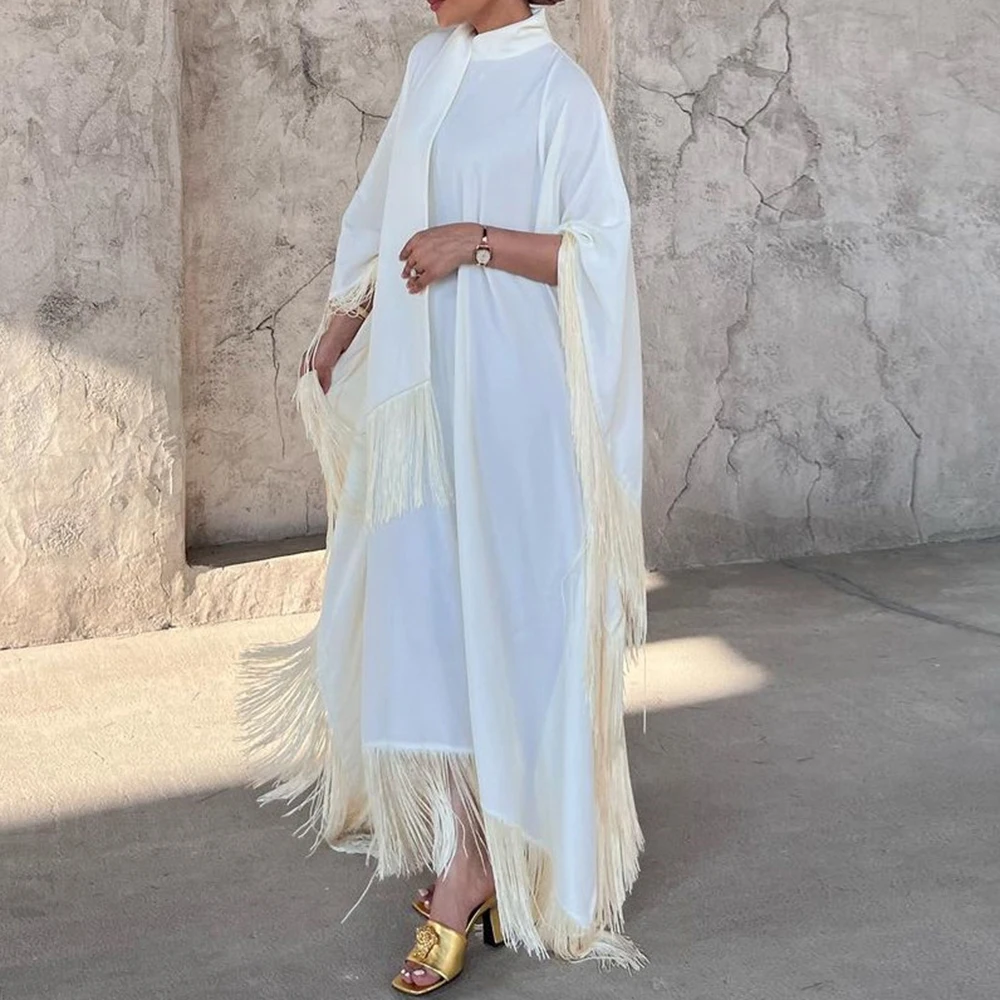 2024 New Dignified Muslim Bat Sleeve Tassel Robe Light Apricot Eid Al-Fitr Party Evening Dress Morocco Turkey Dubai Robe