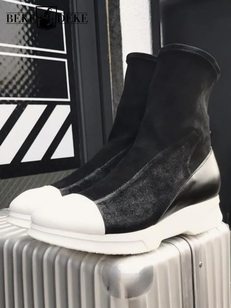 

Street Style Solid Color Suede Round Toe Platform Slip-On Mid Heel Ankle Boots Comfortable Male Height Increase High Top Shoes