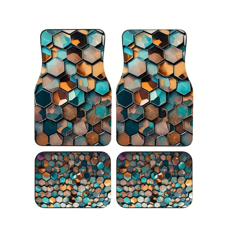 

4Pcs Copper Teal Hexagon Stone Mosaic Print Car Floor Mats Universal Waterproof Floor Mats For Car SUV Truck Interior Decor