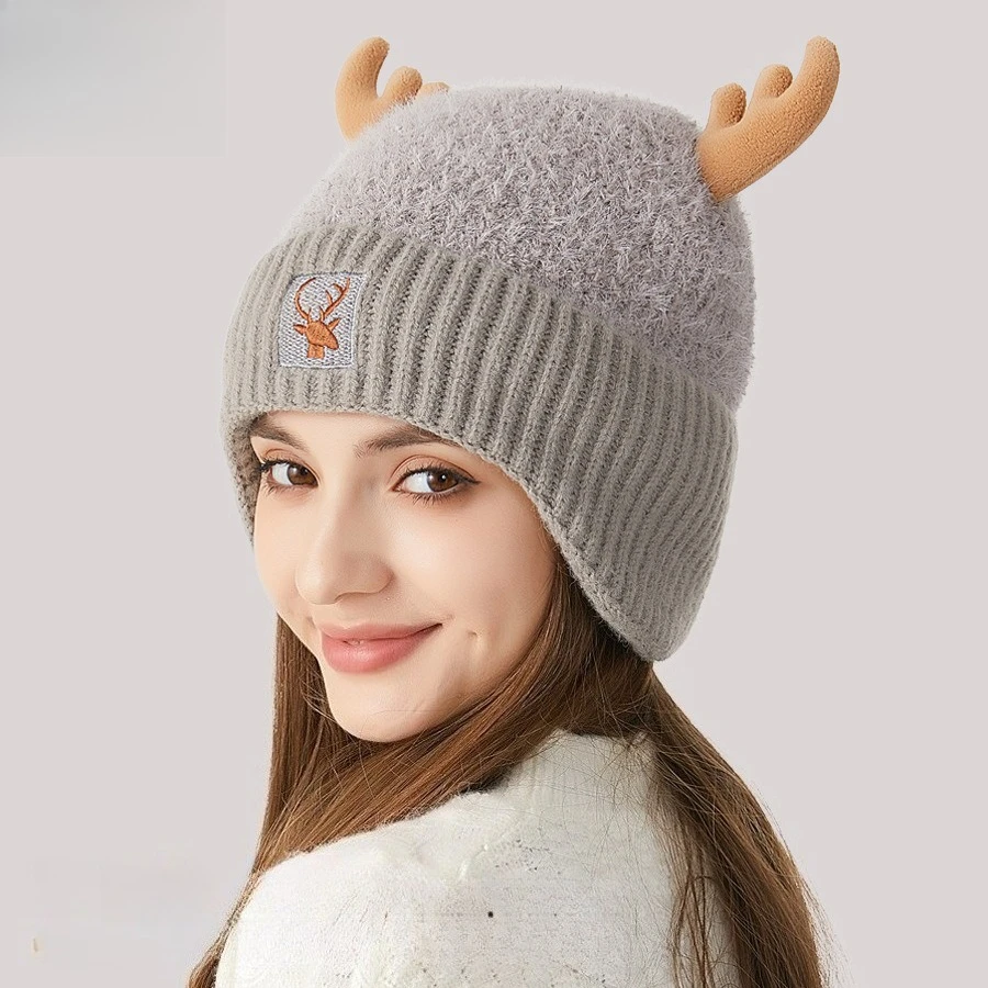 Knitted Hat Women's Korean Version Splicing Antlers, Ear Protectors, Thickened Thermal Hat Cartoon Cute Age-reducing Wool Hat