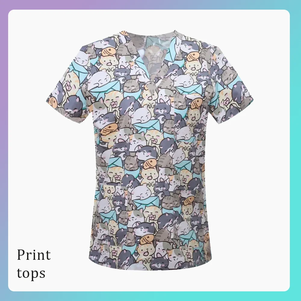 Nurse Doctor Pet Grooming Dentist Work Clothes Surgical Uniforms Woman Man 100% Cotton Printing Clinical Scrub Tops/Shirts S-XXL