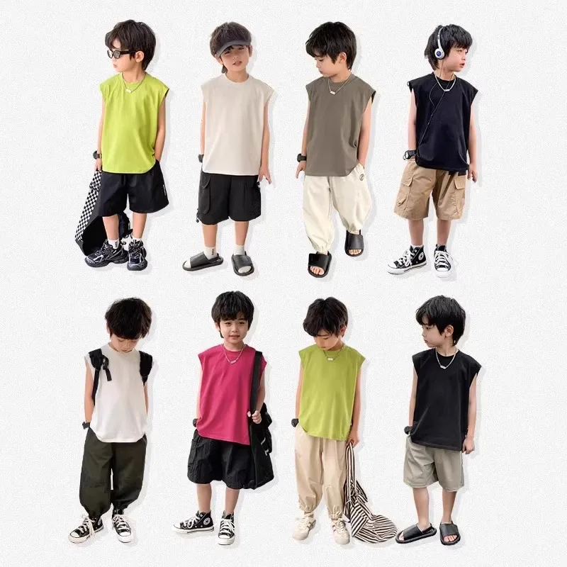 

Childrens Clothing Boys T Shirt 2025 New Style Childrens Korean Sleeveless Vest Boys Solid Color Top Loose T Shirt
