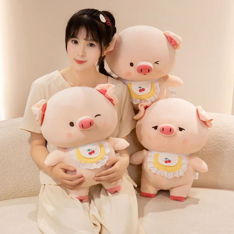 Cherry Bib Pig Plush Toy 40cm Pink Stuffed Doll Embroidered Eyes Soft Hug Companion Sofa Accent Holiday Gift Choice